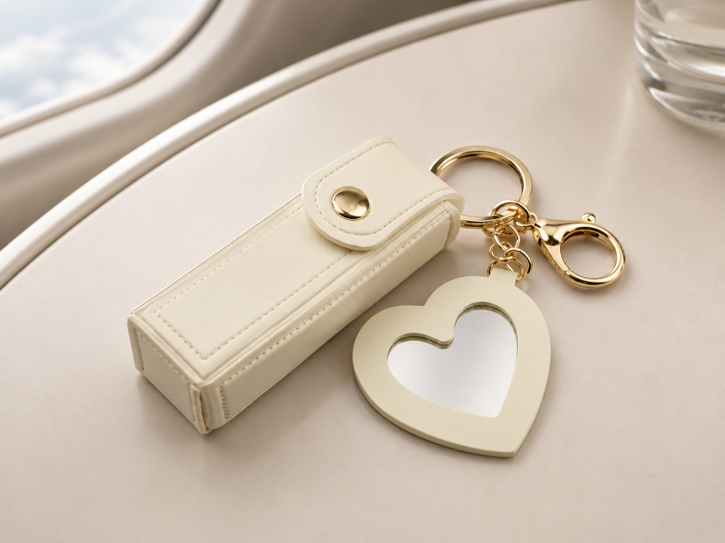 Cremefarbenes Lippenstift-Etui aus Leder mit herzförmigem Spiegel-Anhänger und goldenem Karabiner   am Flugzeugfenster