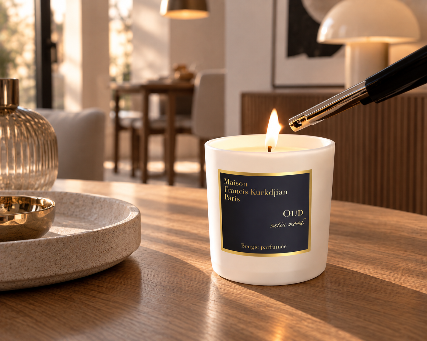 Maison Francis Kurkdjian Oud Satin Mood Duftkerze beim Anzünden in einem modernen Wohnraum