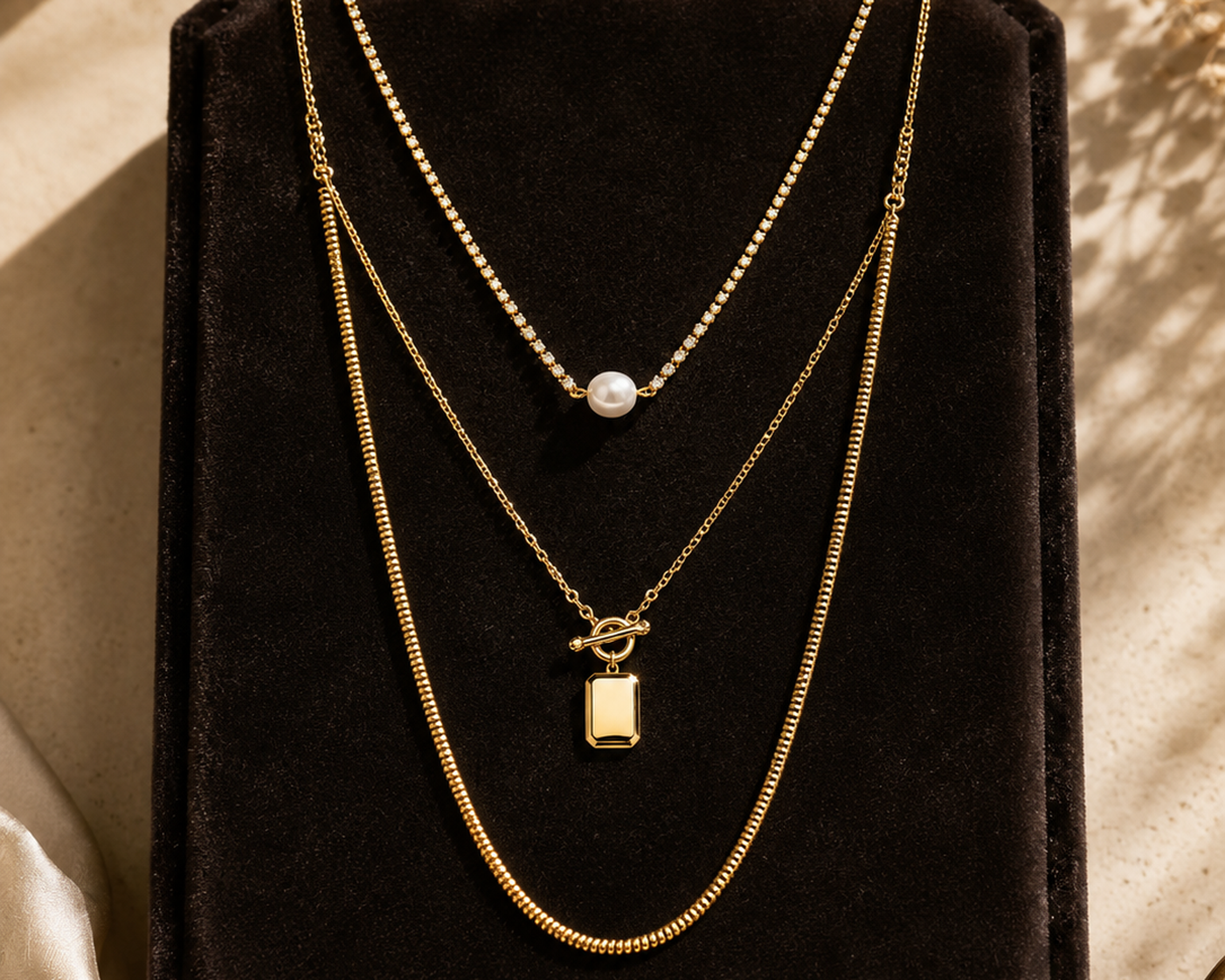 Drei goldene Halsketten im Layering-Look auf schwarzem Samt: Perlenkette, Kette mit rechteckigem   Anhänger und Knebelverschluss sowie eine Schlangenkette
