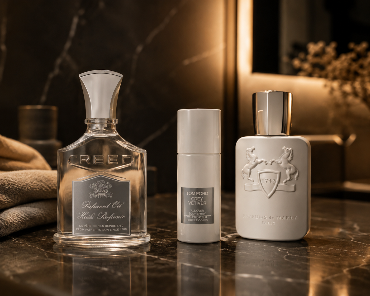 Herrendüfte von Creed, Tom Ford Grey Vetiver und Parfums de Marly auf dunklem Marmor
