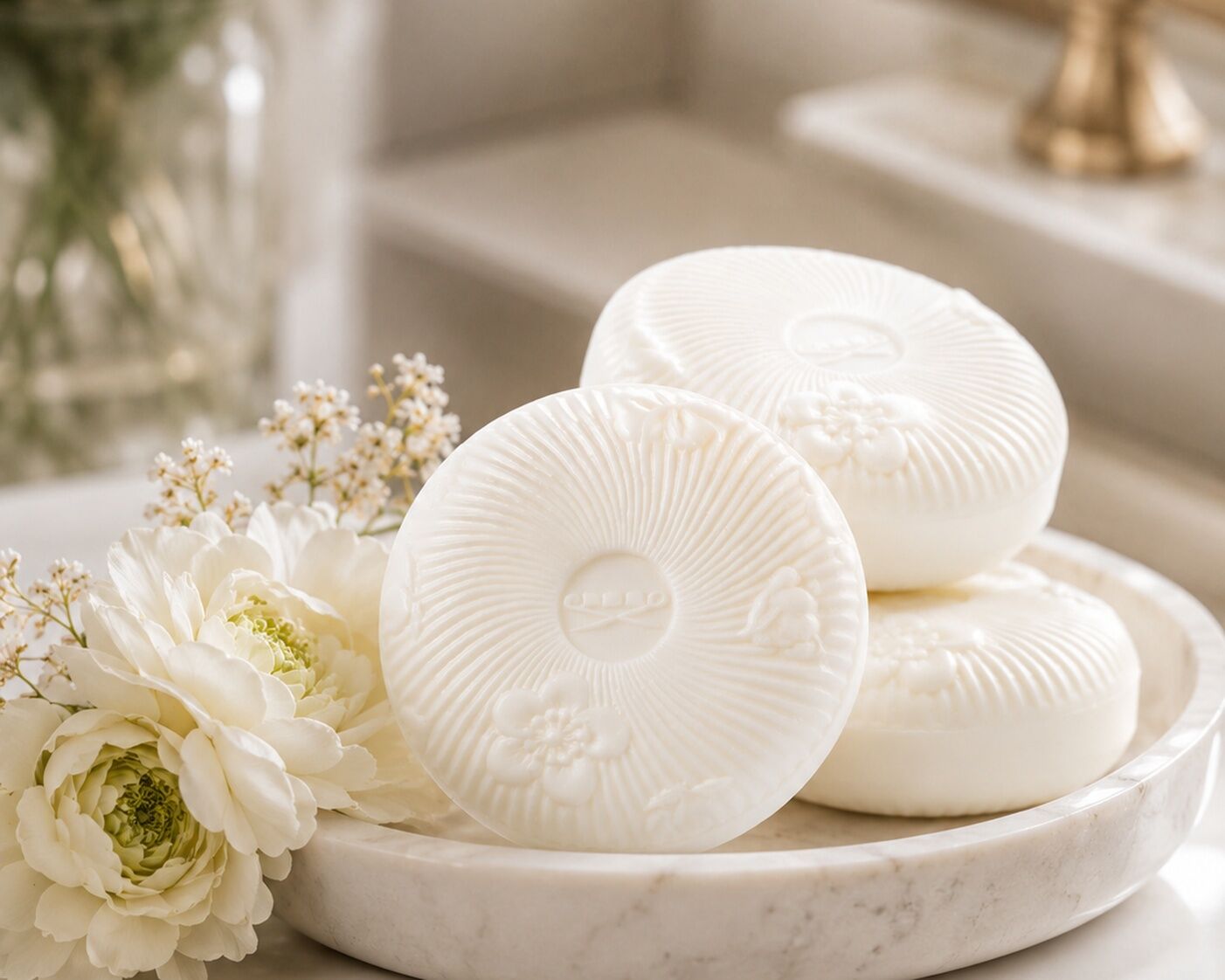Runde, weiße Luxus-Seifen mit floraler Prägung auf einer hellen Marmorschale in einem eleganten Badezimmer, dekoriert mit weißen Blumen und weichem Tageslicht.