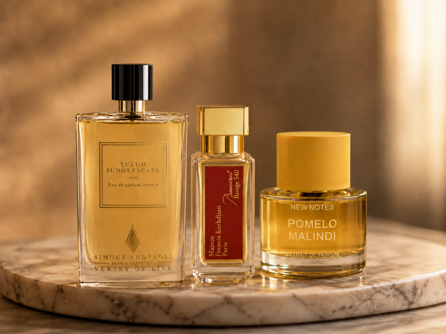 Drei Unisex-Parfums auf Marmortablett im warmen Licht: Simone Andreoli Tulum Junglescape, Maison   Francis Kurkdjian Baccarat Rouge 540 und New Notes Pomelo Malindi
