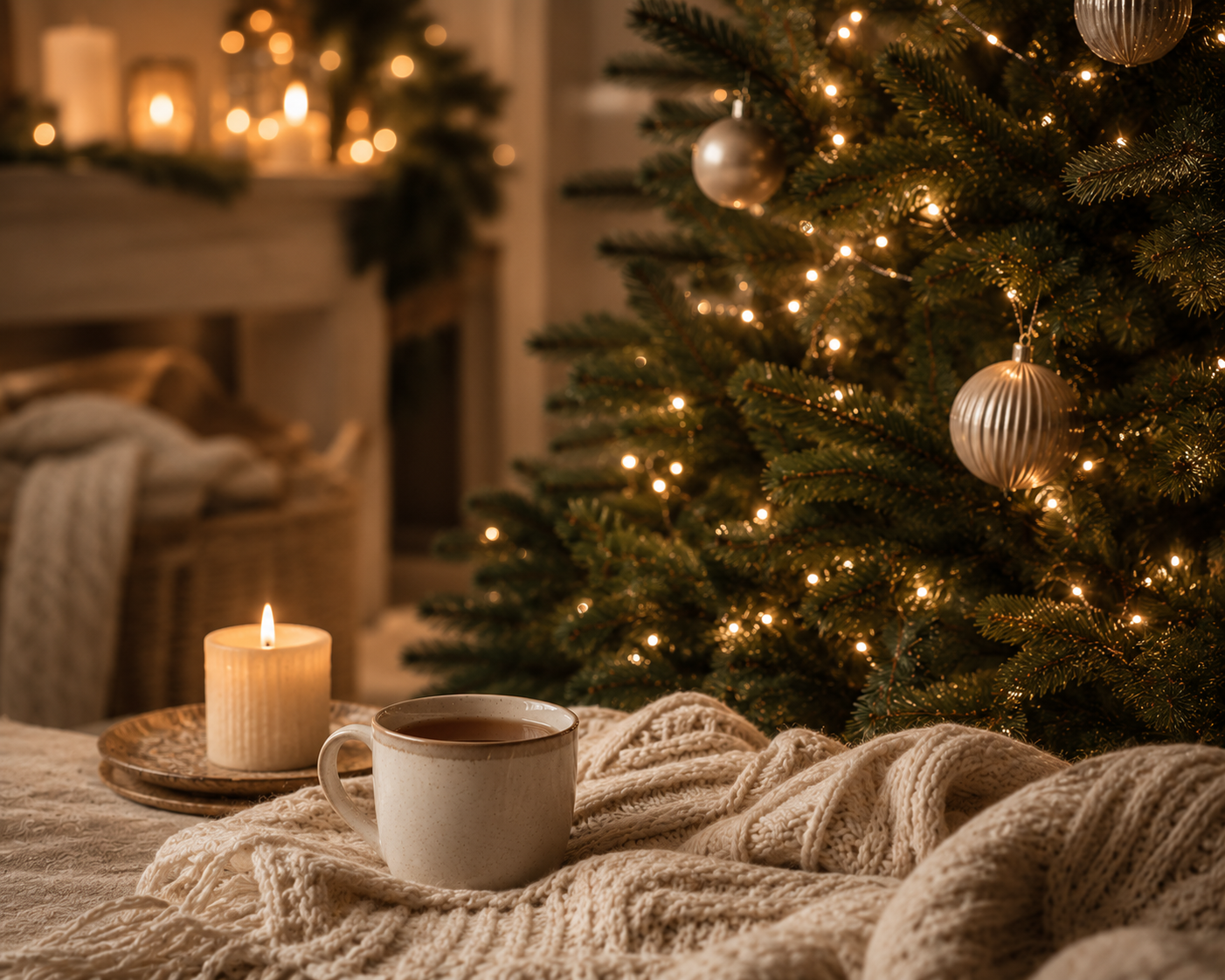 Gemütliche Weihnachtsstimmung mit Tasse Tee, brennender Kerze und geschmücktem Christbaum mit   Lichterkette