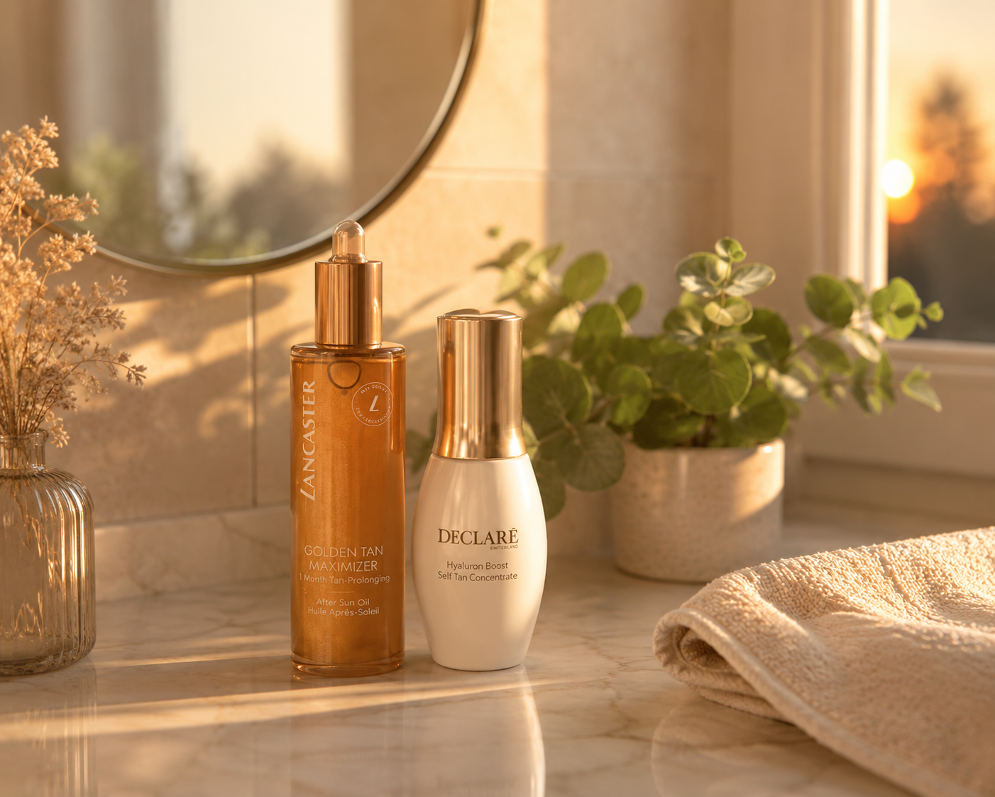 Lancaster „Golden Tan Maximizer“ After Sun Öl und Declaré „Hyration Boost Self Tan Concentrate“ auf einer Marmorablage vor einem Fenster im Abendlicht.