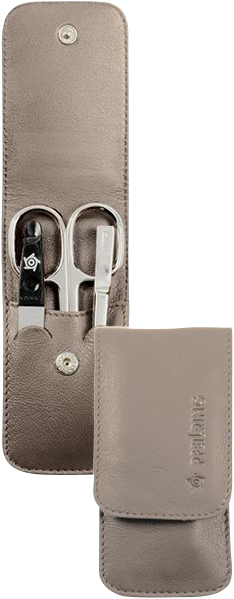 3-tlg. Taschenetui, Nappaleder, taupe, Nickel-Füllung