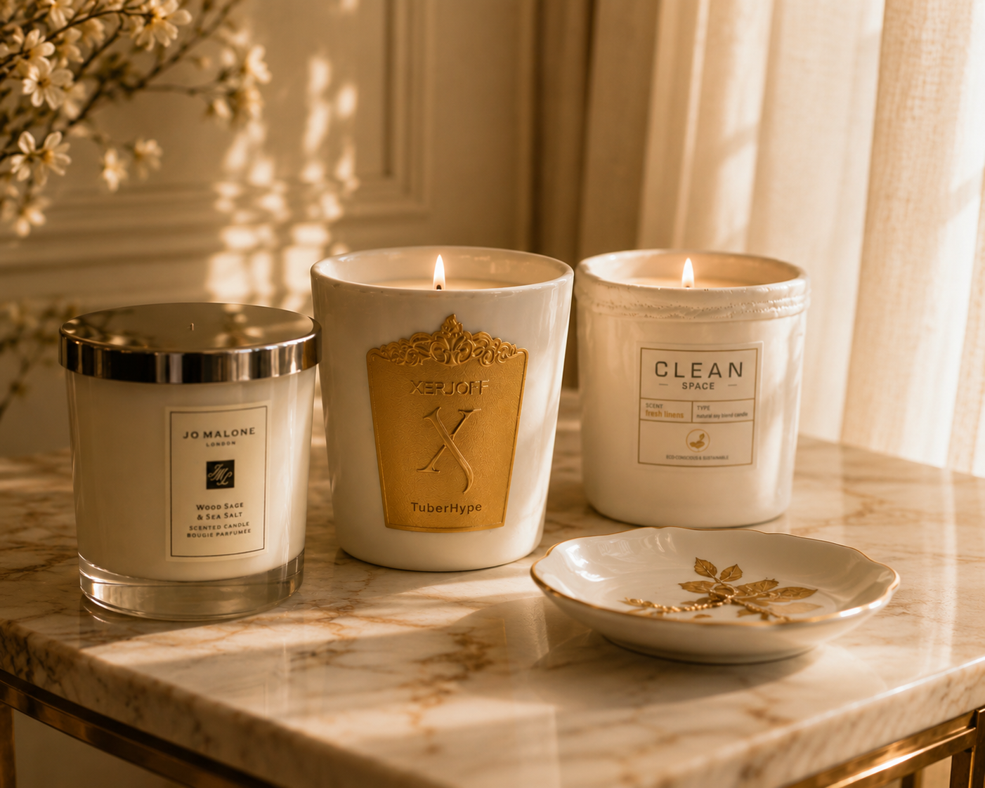 Duftkerzen von Jo Malone Wood Sage & Sea Salt, Xerjoff und CLEAN Space auf einem Marmortisch im   Sonnenlicht