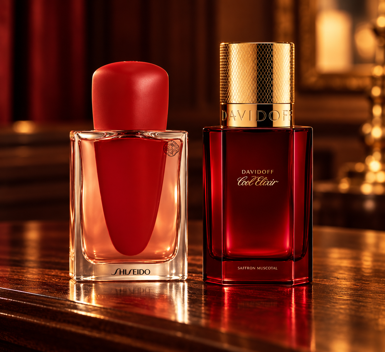 Zwei luxuriöse rote Parfumflakons von Shiseido und Davidoff auf dunklem Holz
