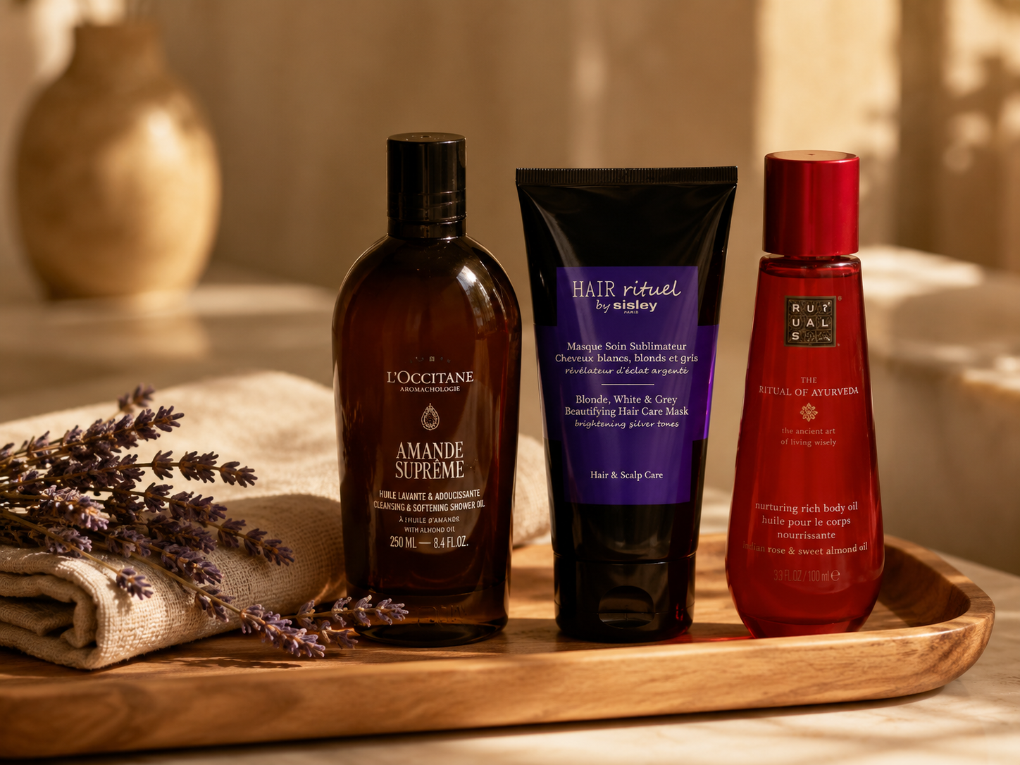 Luxus-Körperpflege auf Holztablett: L'Occitane Amande Suprême Duschöl, Hair Rituel by Sisley   Haarmaske und Rituals The Ritual of Ayurveda Körperöl neben Lavendel