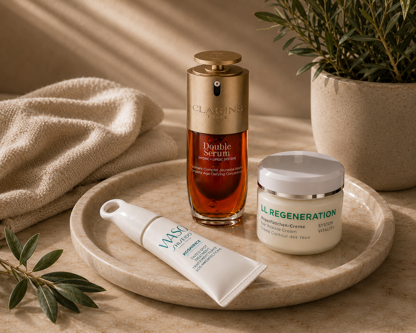 Clarins Double Serum, Shiseido Waso und LL Regeneration Augencreme auf einem   Marmortablett – nachhaltige Hautpflege