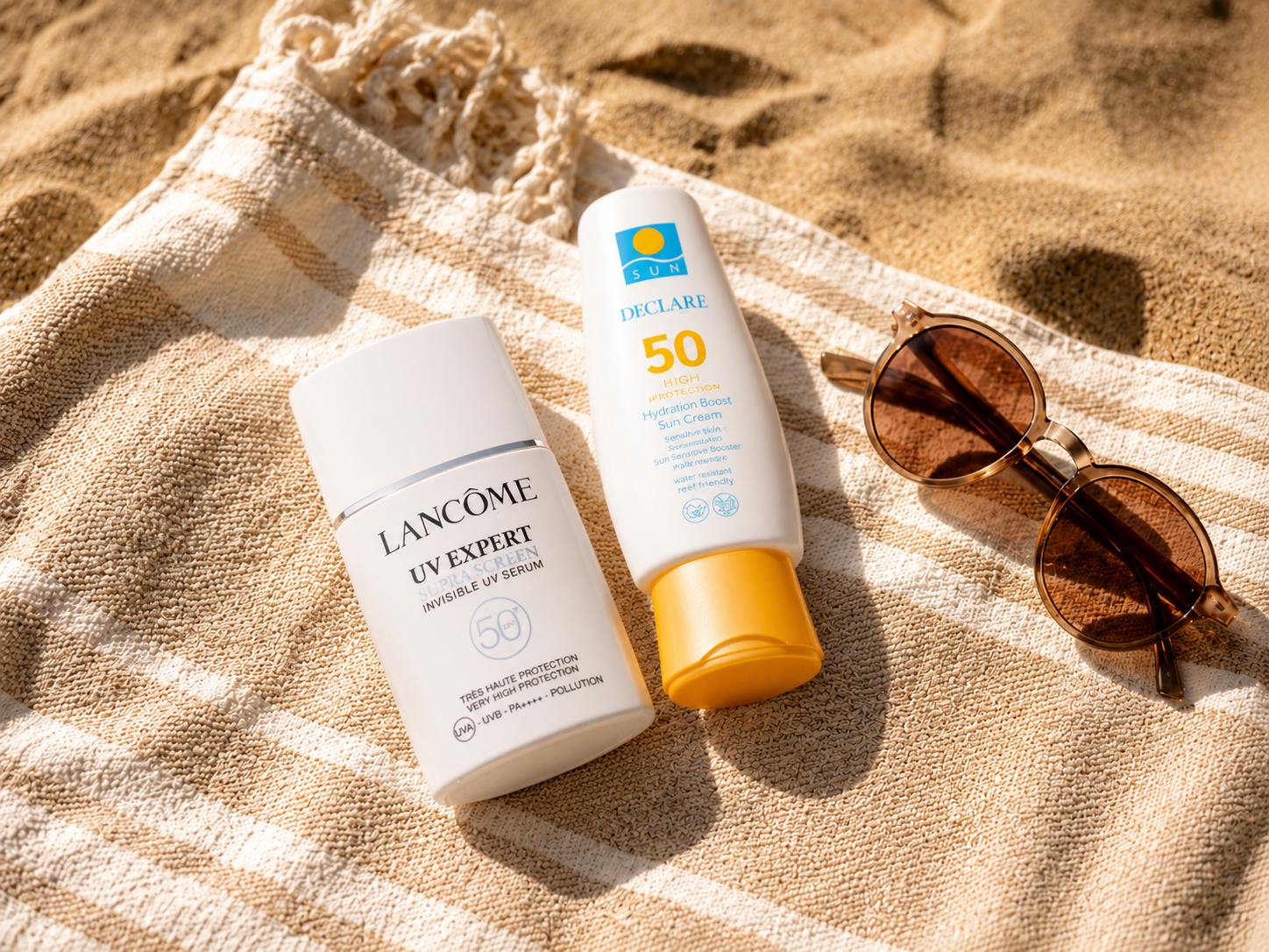 Lancôme „UV Expert Supra Screen“ Serum, Declaré „Hydration Boost“ Sonnencreme LSF 50 und eine Sonnenbrille auf einem gestreiften Strandtuch im Sand.