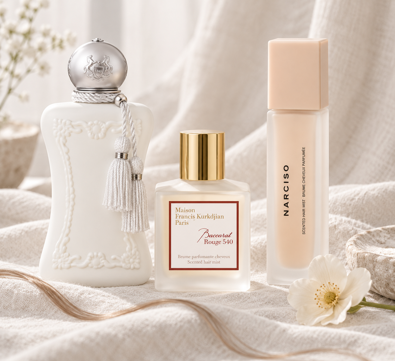 Haarparfums von Parfums de Marly, Maison Francis Kurkdjian und Narciso Rodriguez auf hellem Stoff mit Blüte