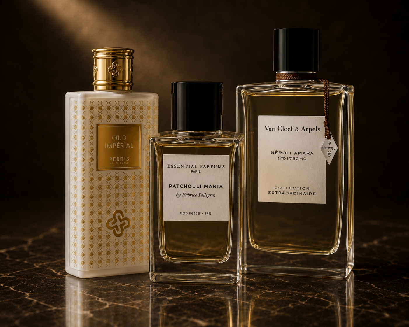 Drei Premium-Nischenparfums vor dunklem Hintergrund: Perris Monte Carlo Oud Impérial, Essential   Parfums Patchouli Mania und Van Cleef & Arpels Néroli Amara