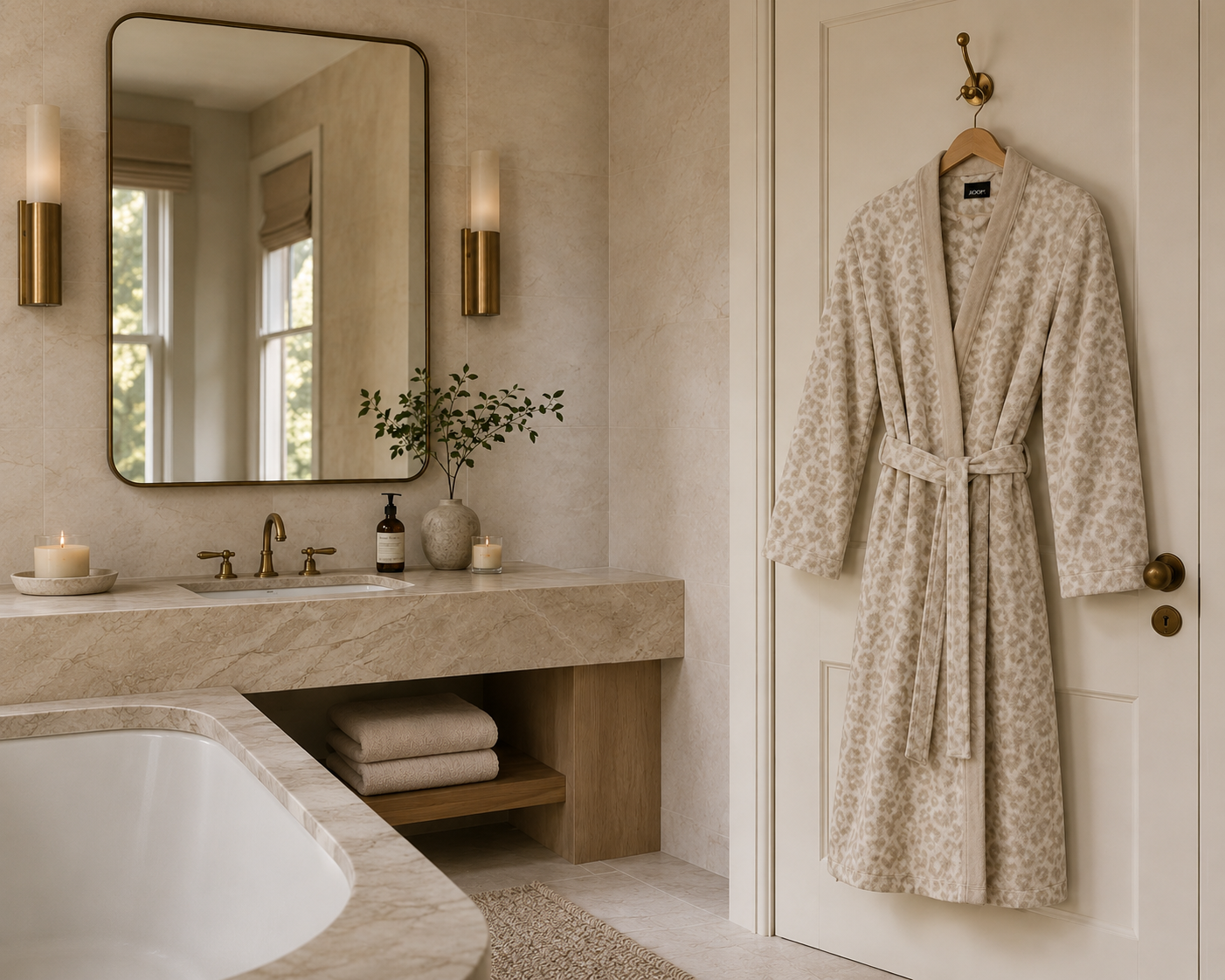 JOOP! Bademantel mit beigem Animal-Print hängt an einer Tür im hellen Marmorbad mit   Messingdetails