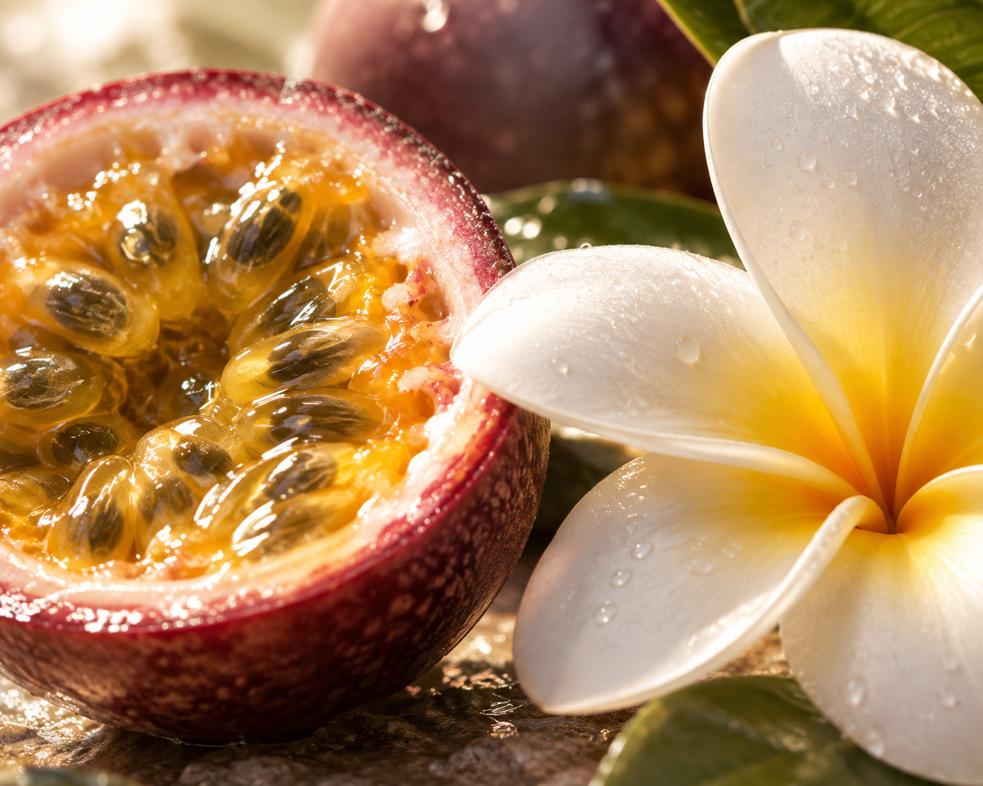 Passionsfrucht und Frangipani-Blüte mit Wassertropfen in tropischer Nahaufnahme
