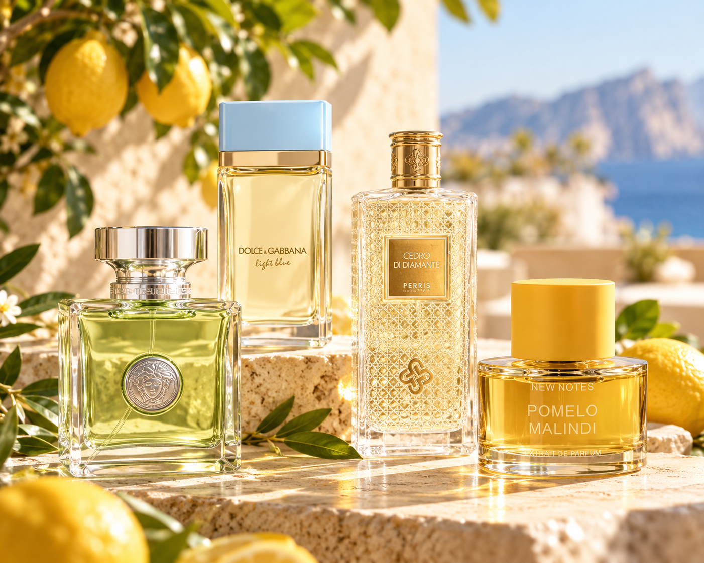Vier sommerliche Parfumflakons stehen auf einer sonnigen Terrasse mit Zitronenbaum im Hintergrund und mediterranem Küstenblick.