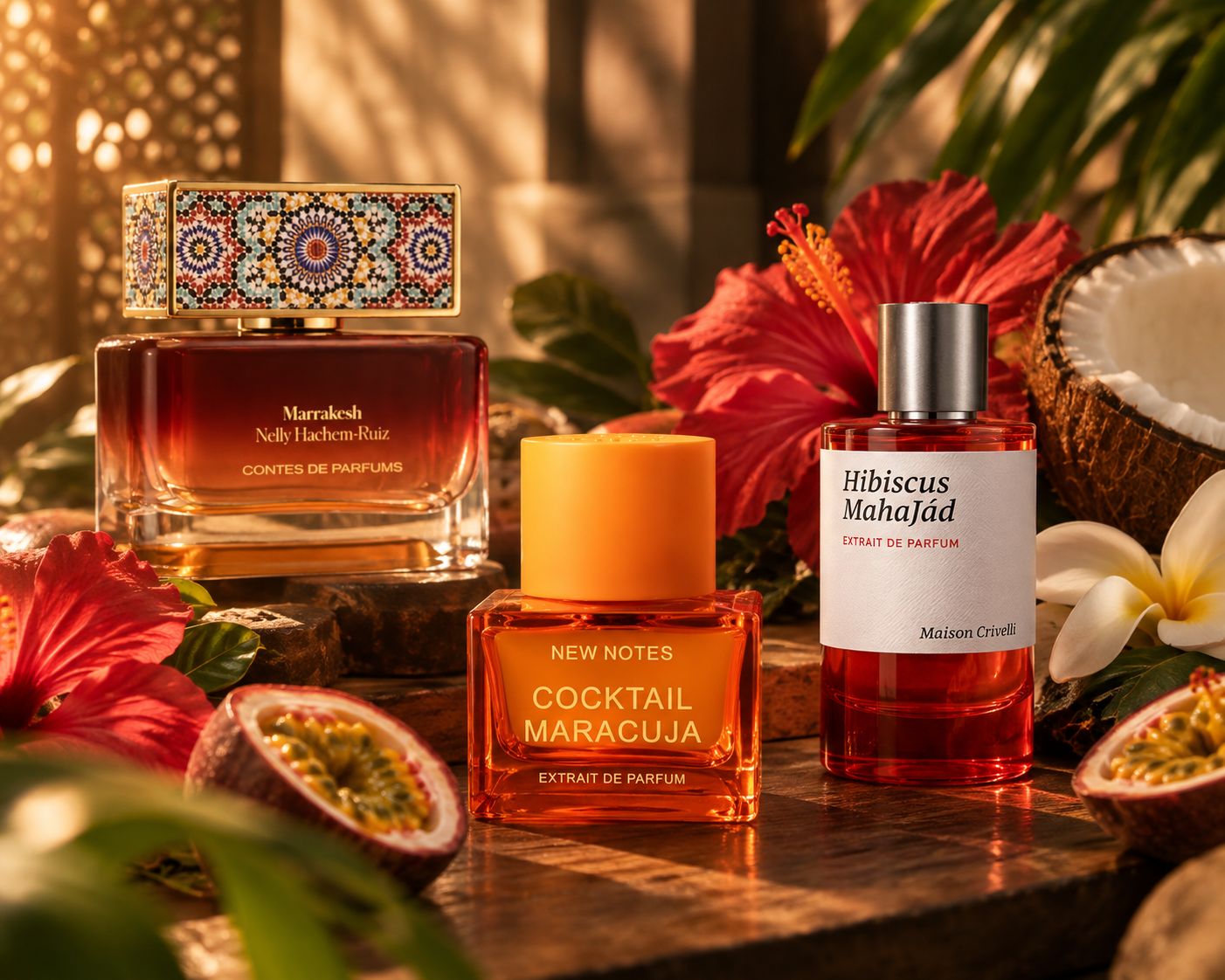 Exotische Parfums mit Passionsfrucht, Hibiskus, Kokosnuss und Frangipani in tropischer Inszenierung