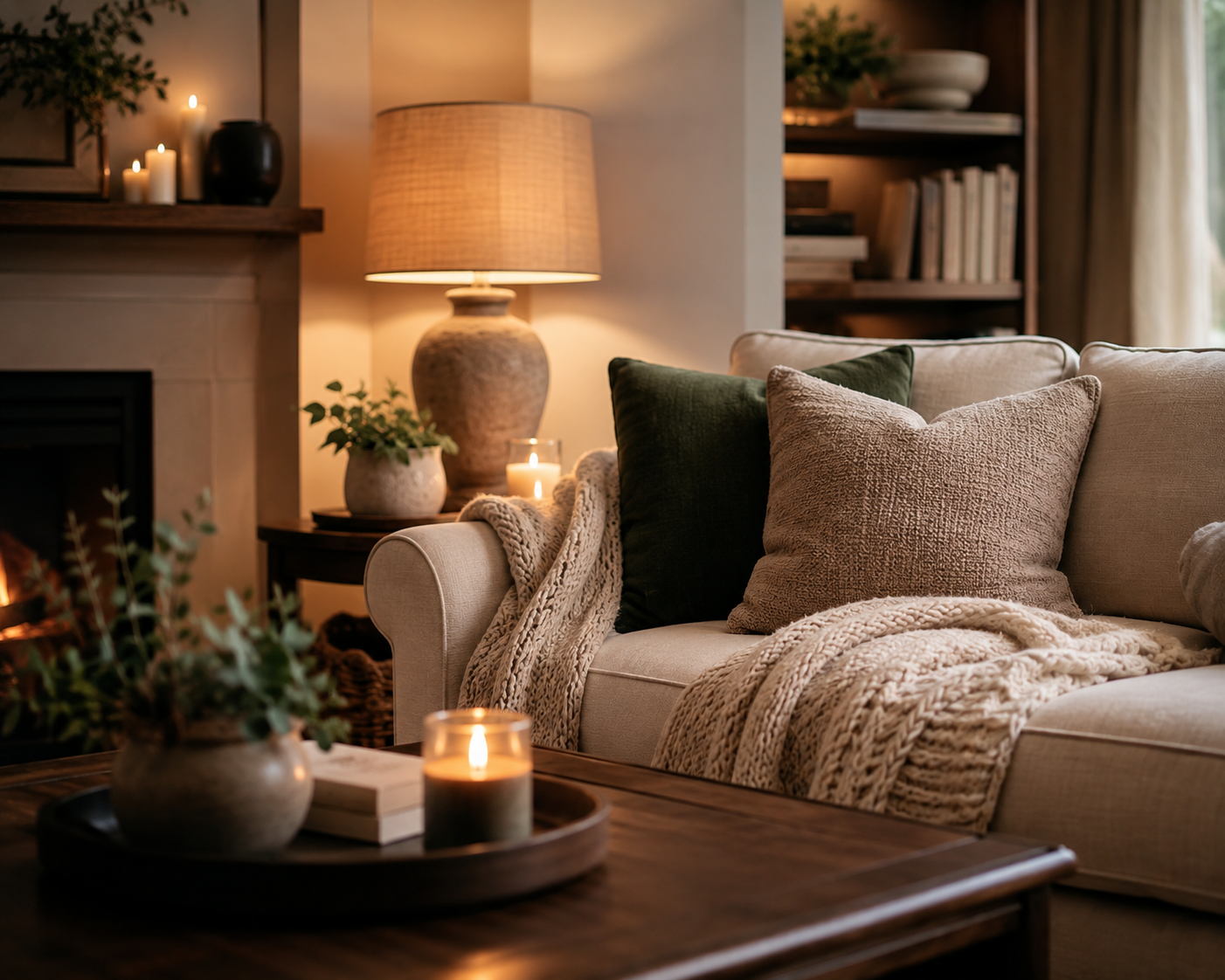 Gemütliches Wohnzimmer mit hellem Sofa, Kissen und Strickdecke, warmer Tischlampe, Kerzen und   Kaminfeuer im Hintergrund