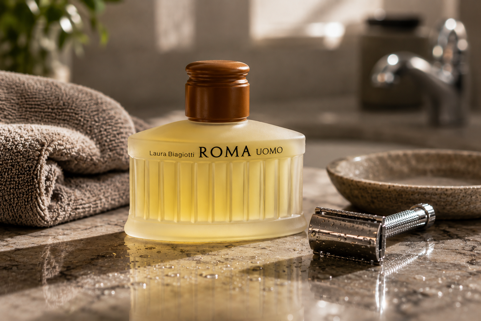 Parfumflakon „Roma Uomo“ von Laura Biagiotti mit Rasierer auf nassem Marmorwaschtisch in warmem Badezimmerlicht.