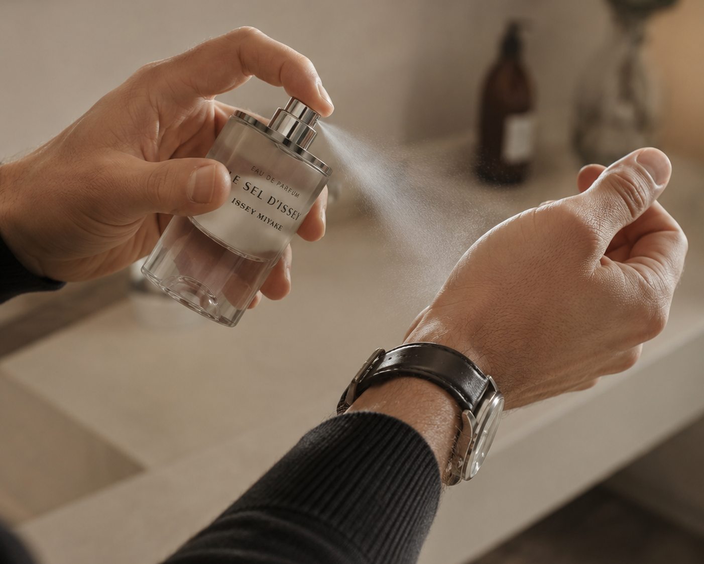 Mann mit Armbanduhr sprüht Issey Miyake Le Sel d'Issey Eau de Parfum auf das Handgelenk im warmen   Badezimmerlicht